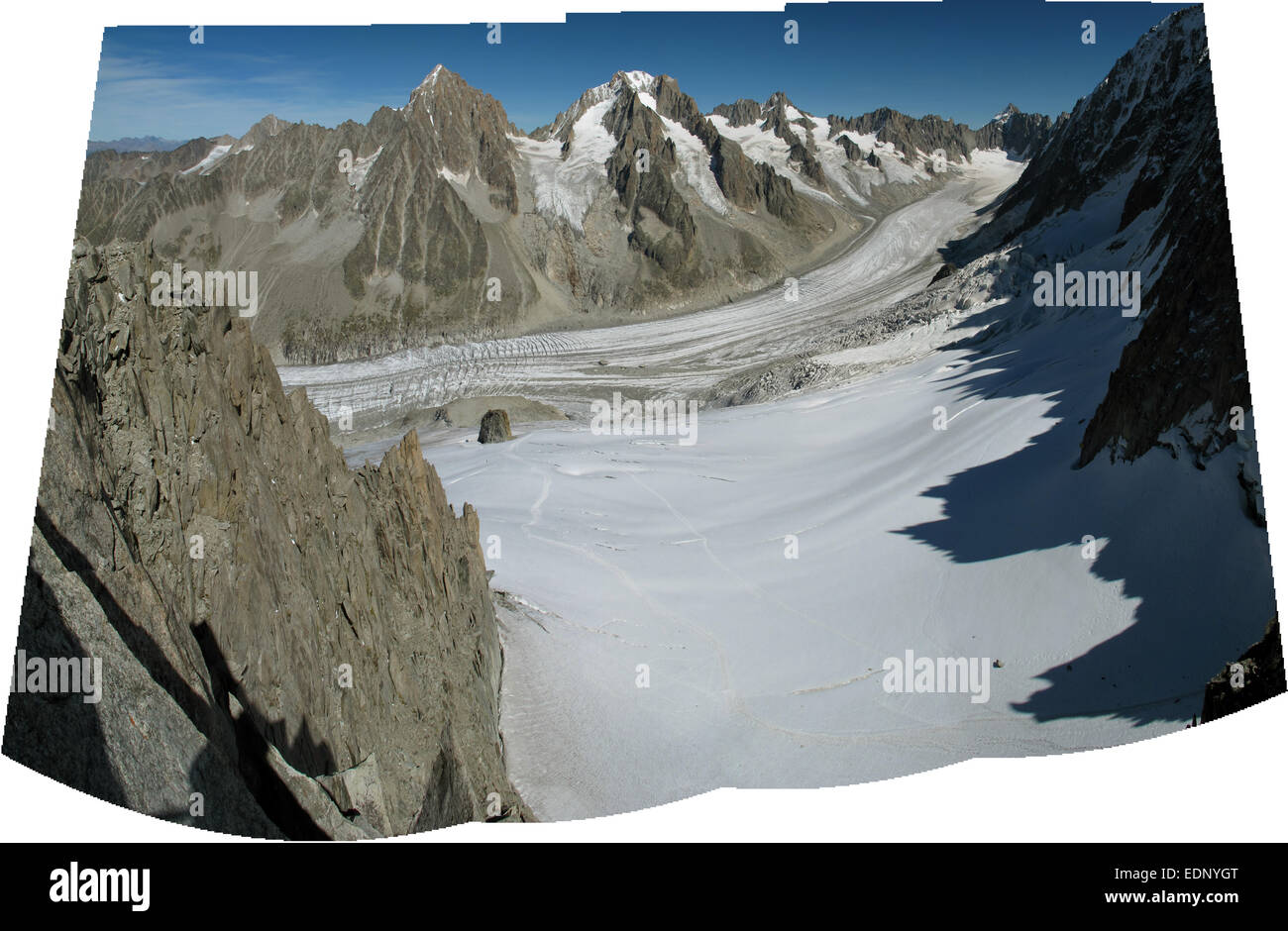 Uncropped panorama of the Argentiere Glacier from the Grands Montets, Chamonix in the French Alps, France Stock Photo
