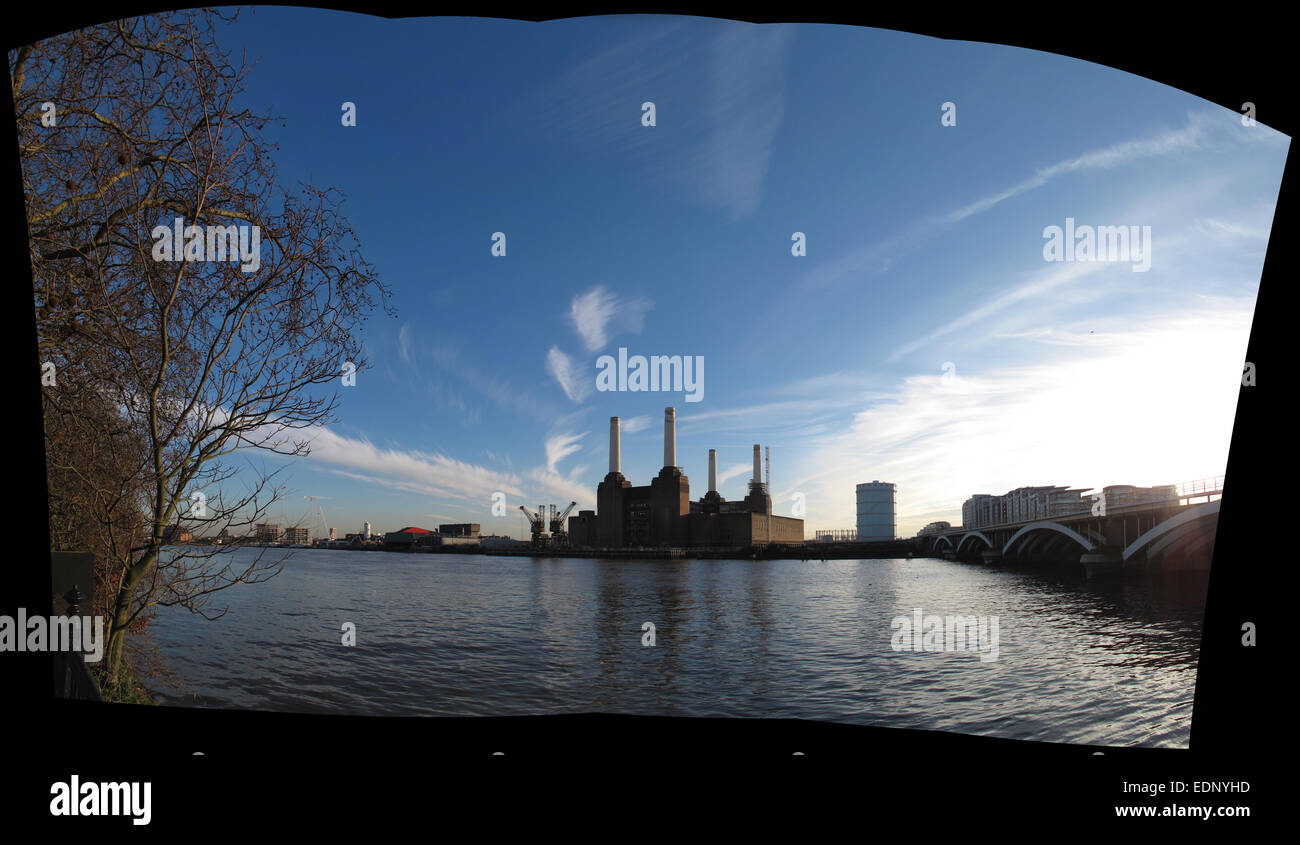 Uncropped panorama of Battersea Power Station from the embankment next to Grosvenor Bridge Stock Photo