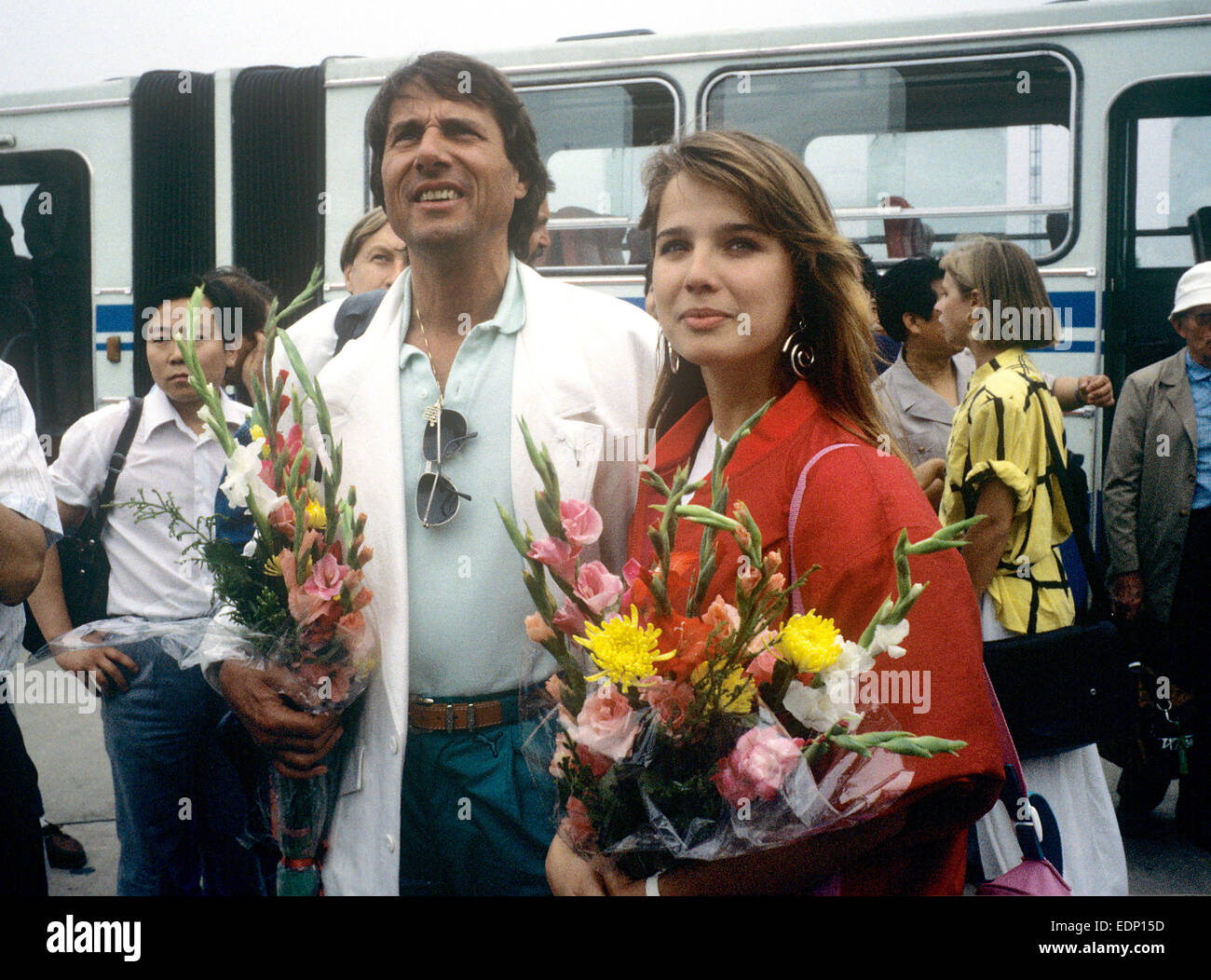 Desiree Nosbusch and singer Udo Jürgens in June 1987 in Beijing. Actress Desiree Nosbusch - also known as Desiree Becker - was born on 14 January 1965 in Esch in Luxembourg. Stock Photo