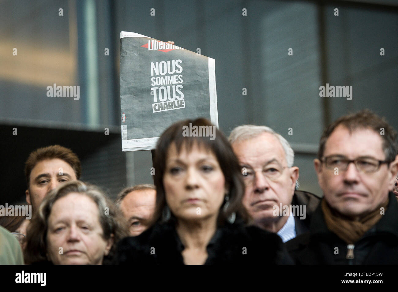 Members of European Parliament attend minute of silence  in front of the European Parliament headquarters  in Brussels, Belgium on 08.01.2015 MEPs wanted to show solidarity with the French citizens, authorities and the victims of the deadly attack against Charlie Hebdo  by Wiktor Dabkowski Stock Photo