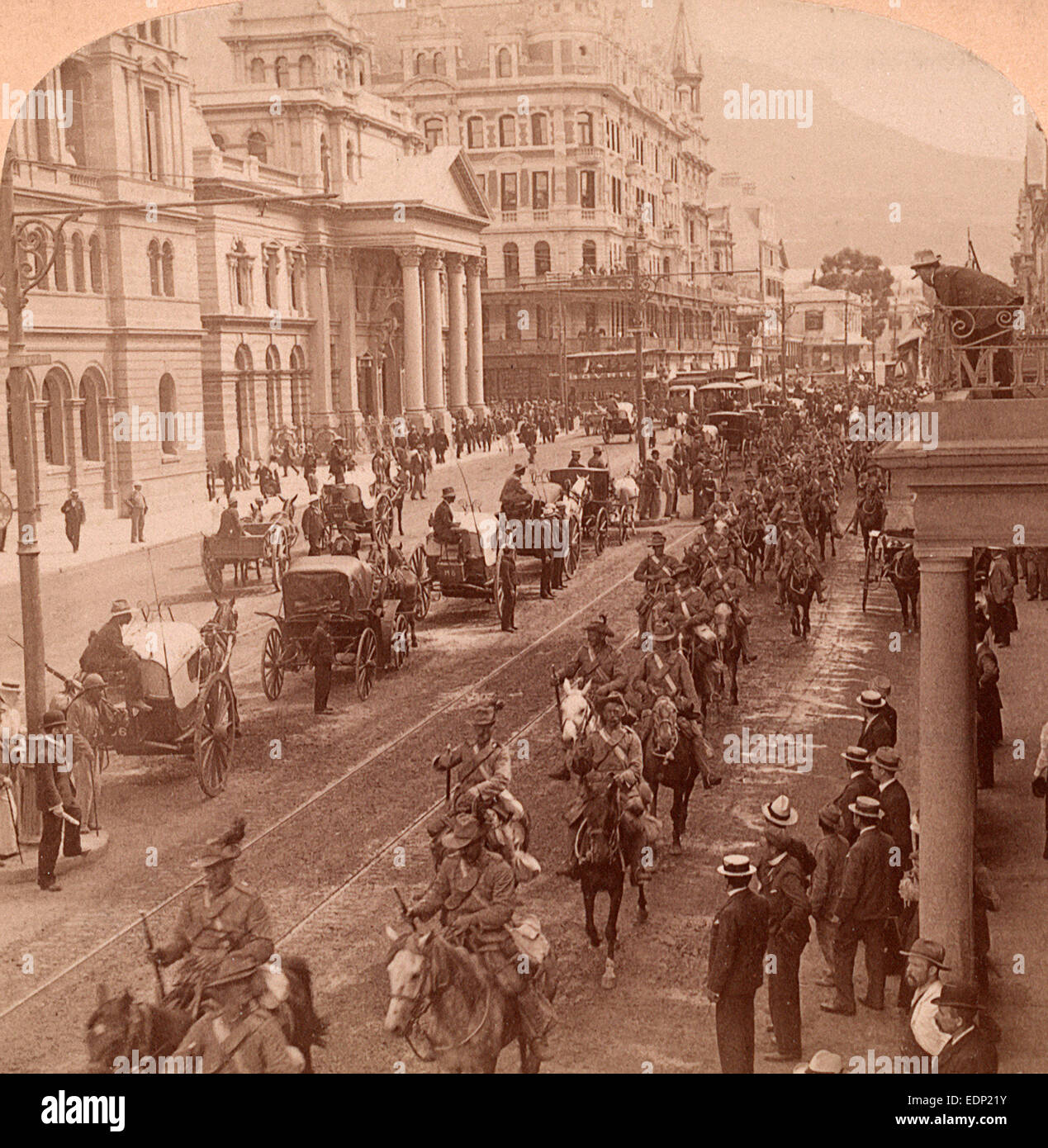 South African Light Horse coming down Adderly Street, to entrain for the front, Cape Town, South Africa. Vintage photography Stock Photo
