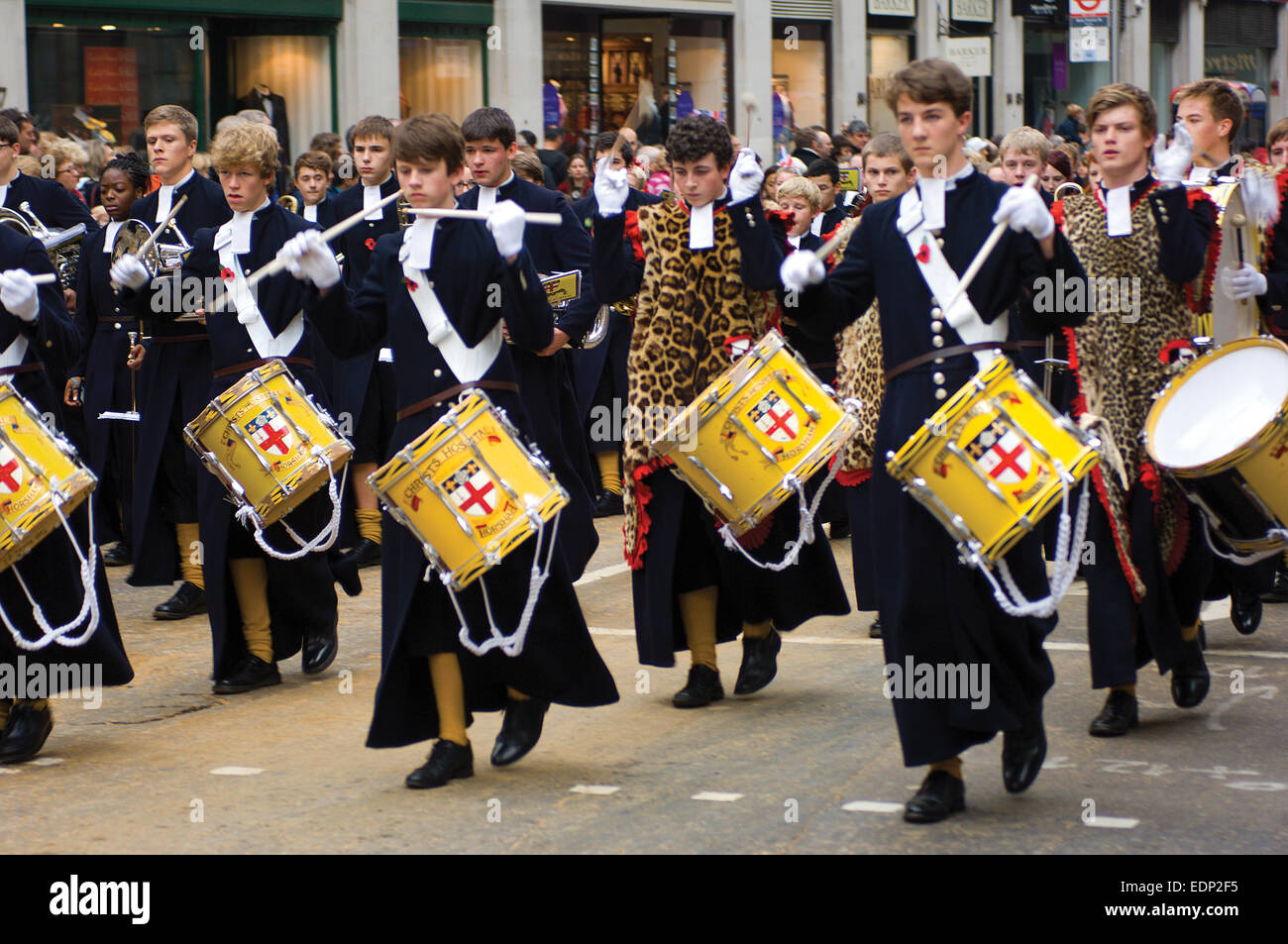 The marching band from Christ's Hospital School, which was founded in the City, parade in the Lord Mayor's Show. Stock Photo