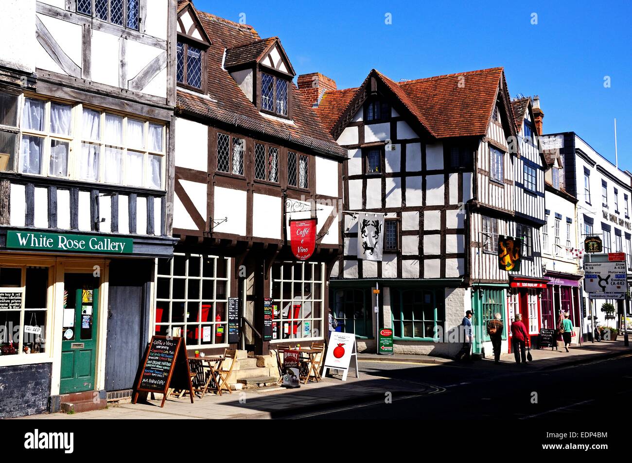 View of the shops and businesses along Church Street, Tewkesbury, Gloucestershire, England, UK