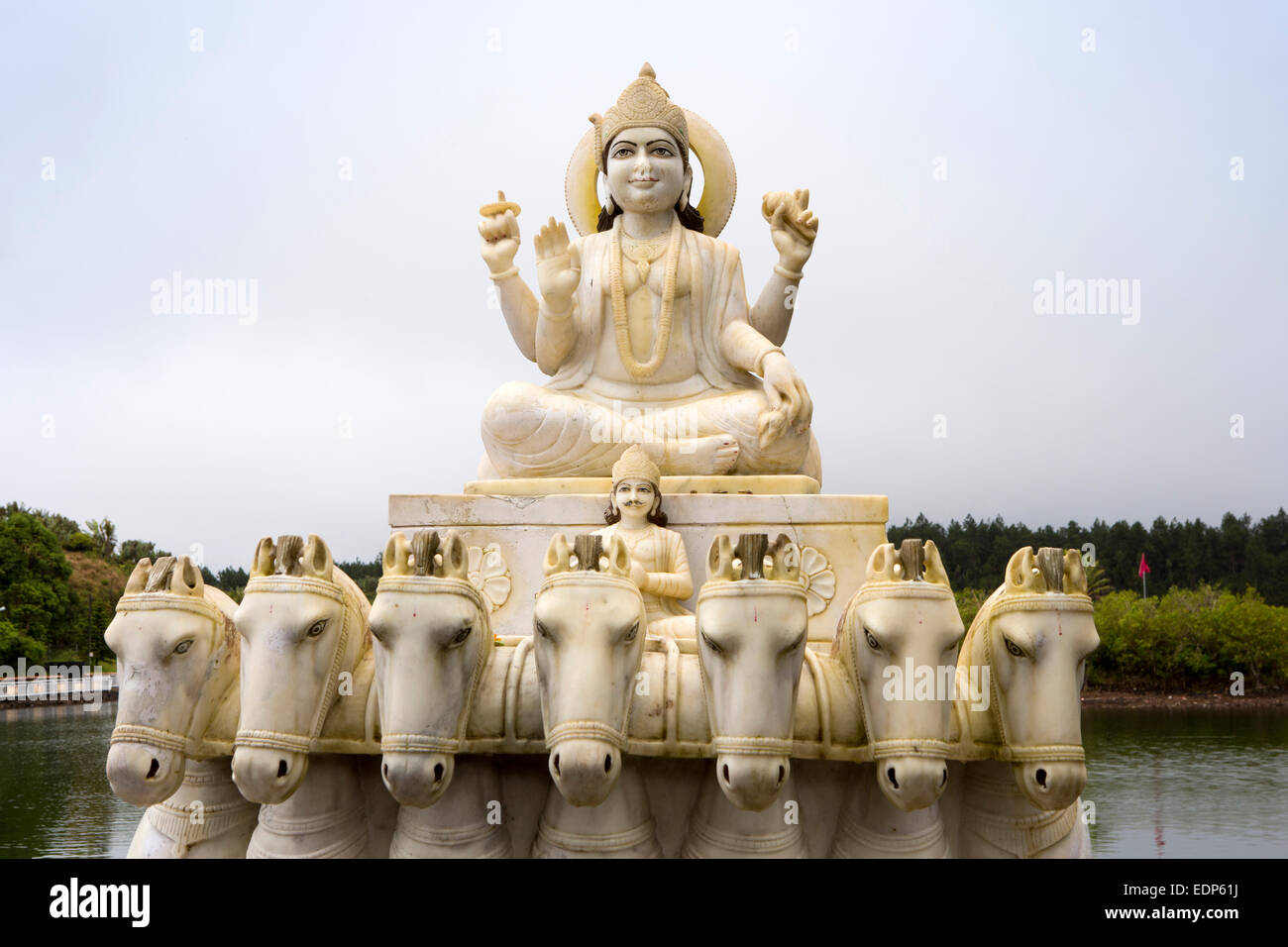 Mauritius, Grand Bassin, Ganga Talao sacred lake temple shrine to Surya sun god in chariot pulled by 7 horses Stock Photo