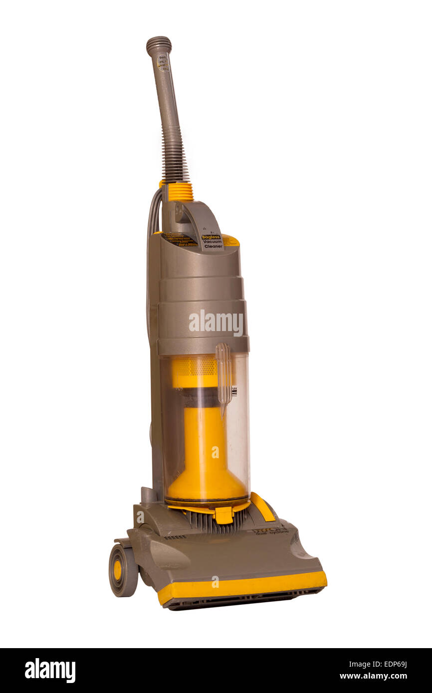 Used 1990s Dyson DC01 bagless 'hoover' vacuum cleaner, in original yellow colour, as a cut out on white background. UK Stock Photo