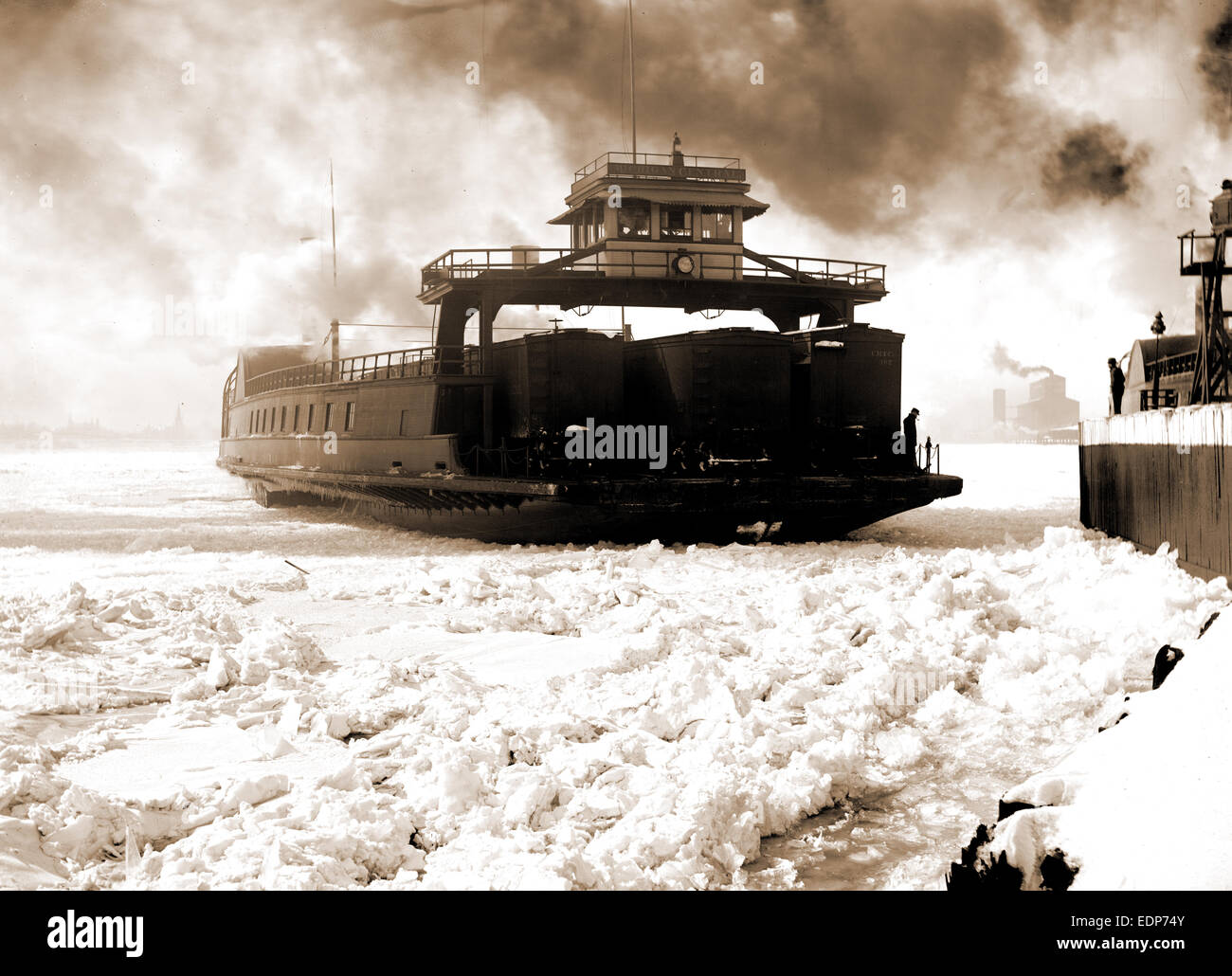 Car ferry, Michigan Central, entering slip, Detroit River, Michigan