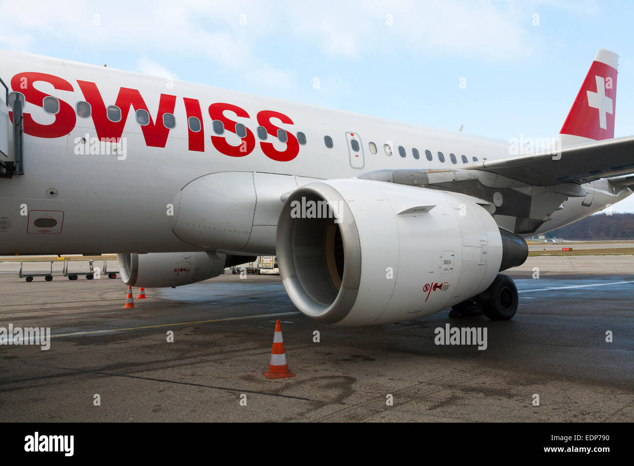 Swiss International Airlines Airbus A319 number 'HB-IPV'  (- MSN 578) powered by 2 x CFMI CFM56-5B6/P high-bypass turbofan aircraft engines. Geneva Stock Photo