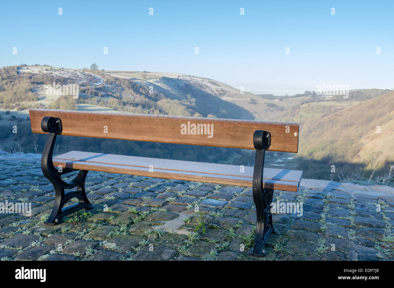 Frosty Bench At Monsal Head In The Derbyshire Peak District Overlooking frosty-bench-at-monsal-head-in-the-derbyshire-peak-district-overlooking