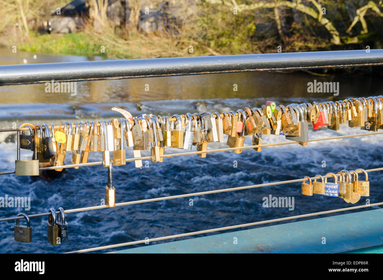 Love padlocks on a bridge in the Peak District market town of Bakewell
