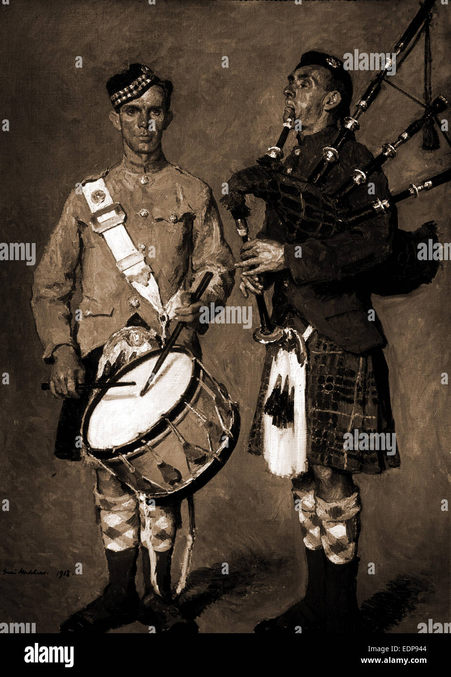 Drummer and bagpipe player in Scottish uniform, Melchers, Gari, 1860
