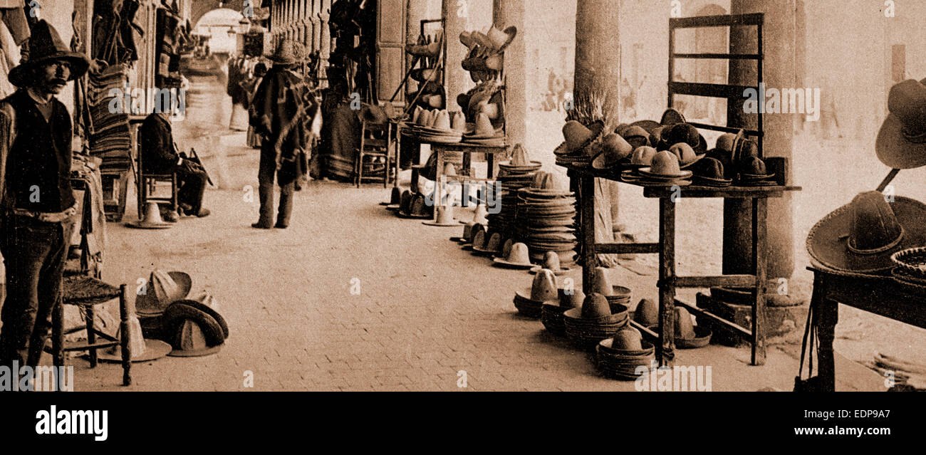 Mexico, portales of market, Aguas Calientes, Jackson, William Henry, 1843-1942, Markets, Peddlers, Hats, Mexico, Aguascalientes Stock Photo
