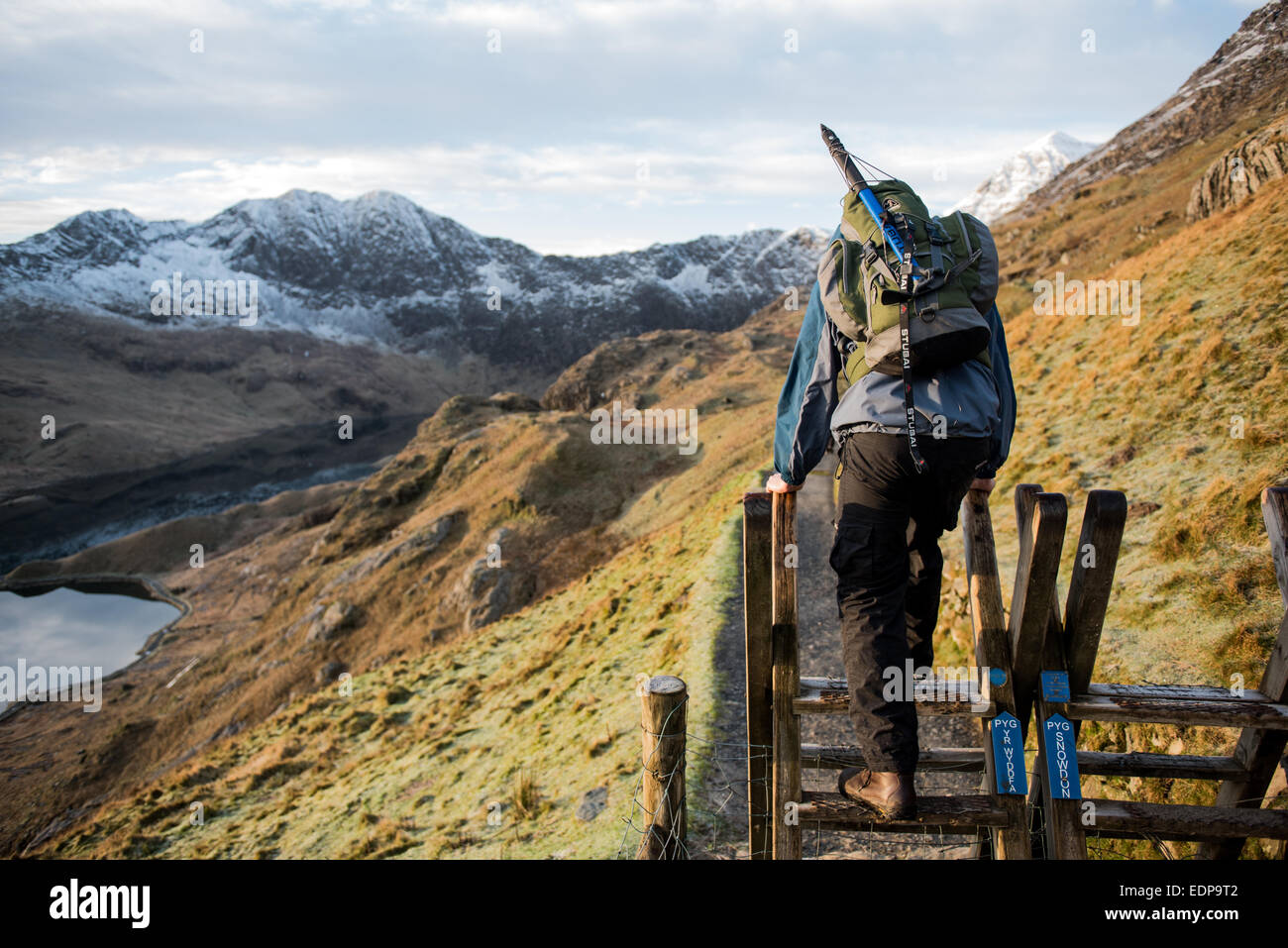 Walking up the Pyg Track at sunrise to Mt Snowdon in Wales. Stock Photo