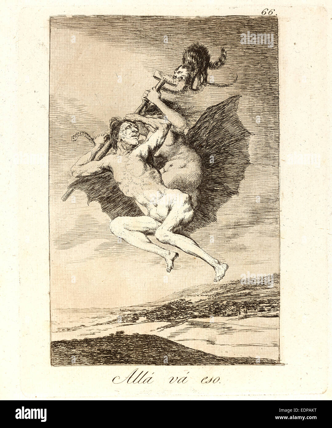 Francisco de Goya (Spanish, 1746-1828). Allá vá eso. (There it goes.), 1796-1797. From Los Caprichos, no. 66. Etching, aquatint Stock Photo