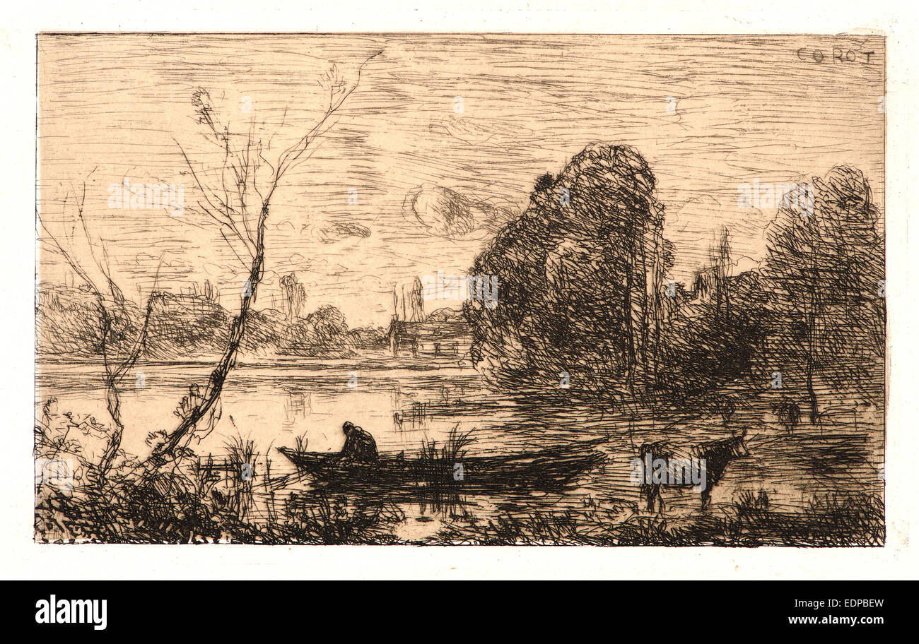 Jean-Baptiste-Camille Corot (French, 1796 - 1875). Ville d'Avray: Boatman on Pond (Evening), 1862. Etching and drypoint Stock Photo