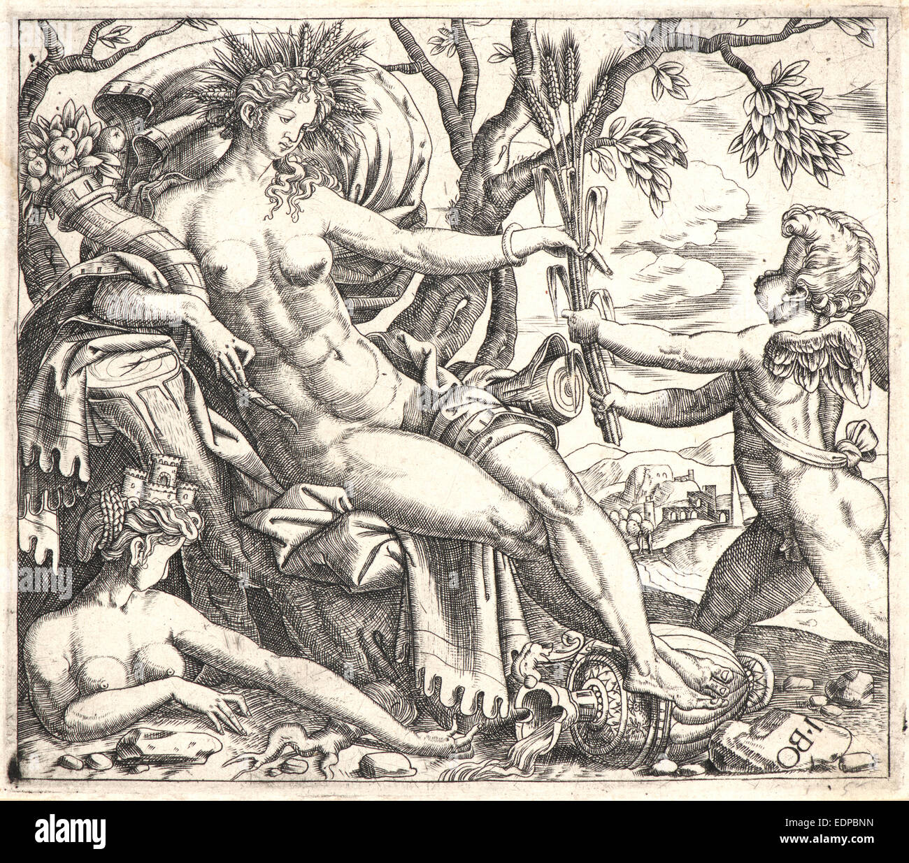 Attributed to Giulio Bonasone (Italian, ca. 1510 - after 1576). Cupid and Ceres, 1550. Engraving Stock Photo
