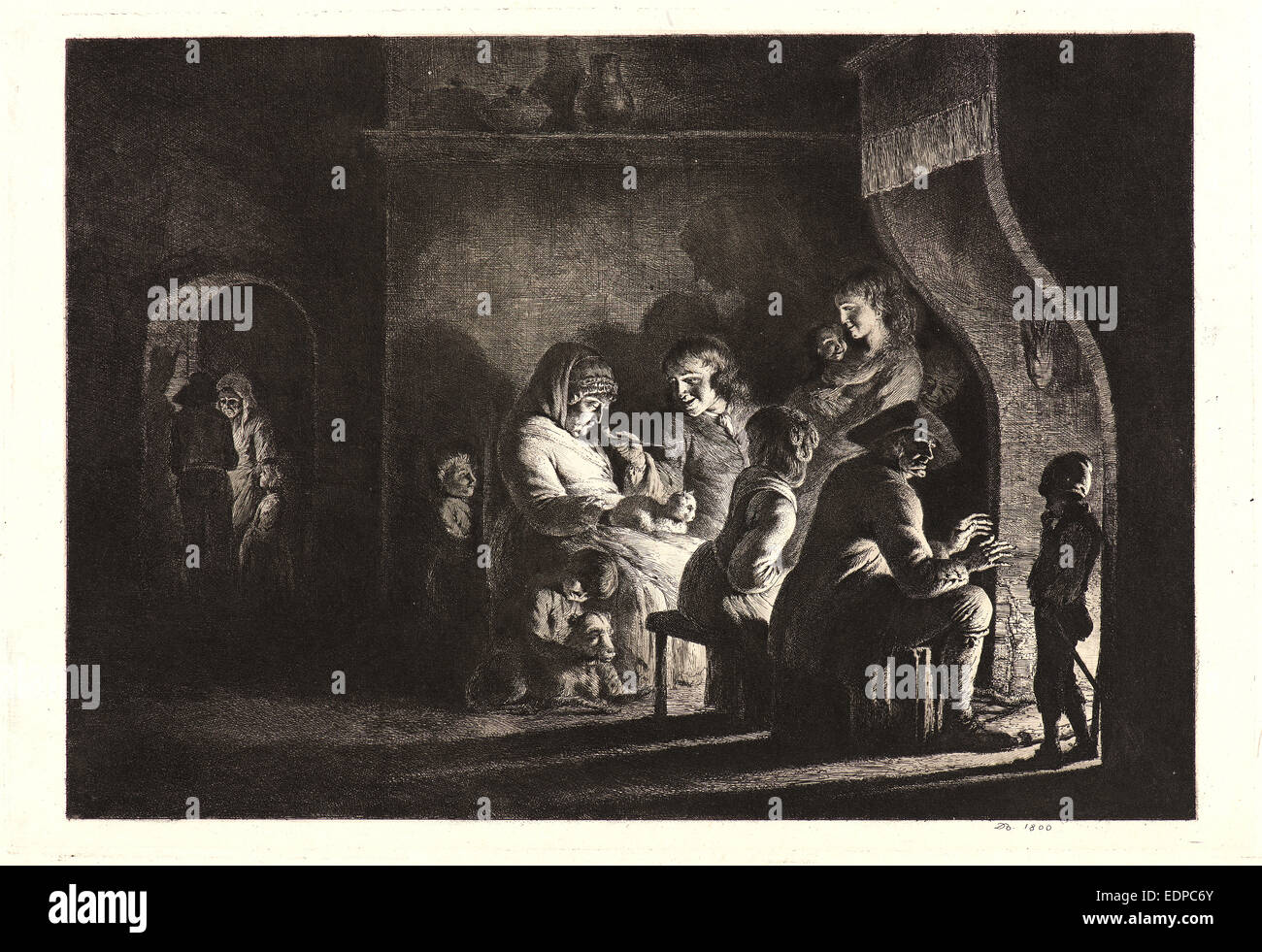 Jean Jacques de Boissieu (French, 1736-1810). Family before a Fireplace (La Famille devant le feu), 1800. Etching Stock Photo