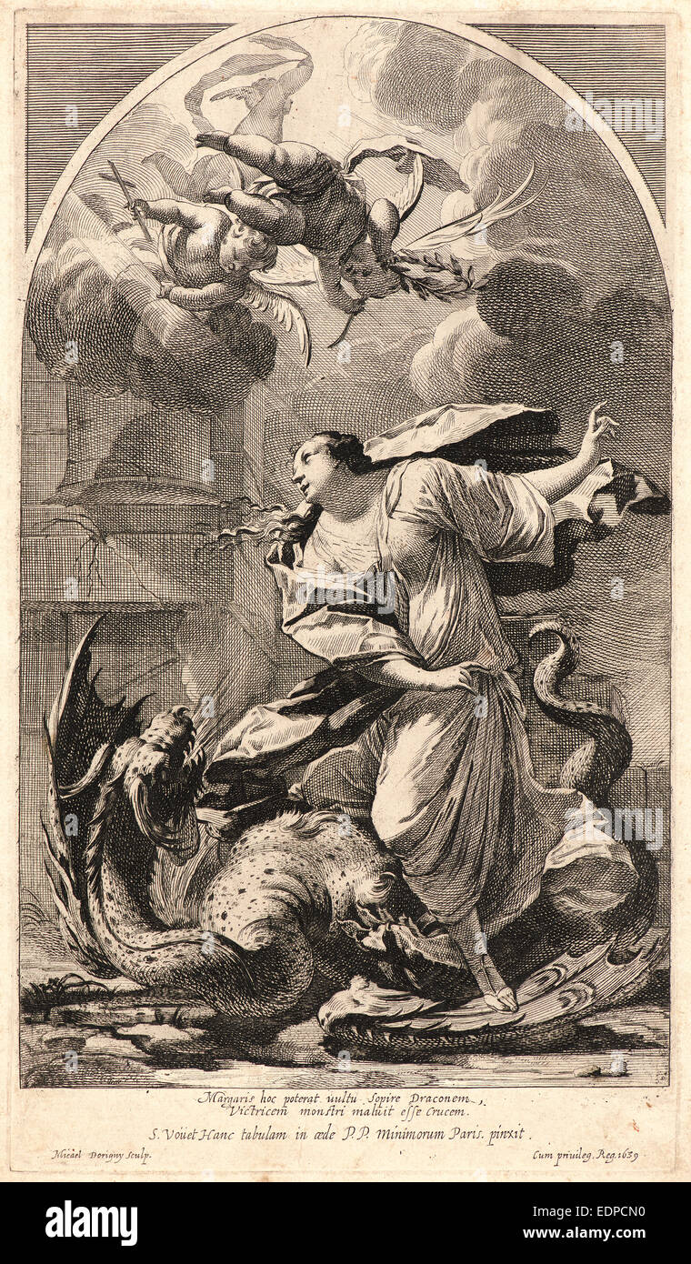 Michel Dorigny (French, 1616-1665) after Simon Vouet (French, 1590-1649). St. Margaret with the Dragon, 1639. Engraving Stock Photo