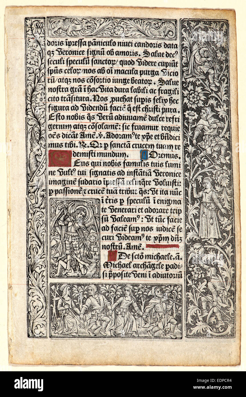 Philippe Pigouchet (French, active 1488–1515). St. Michel [?] (Encadrement à la chose), ca. 1498. From Book of Hours Stock Photo