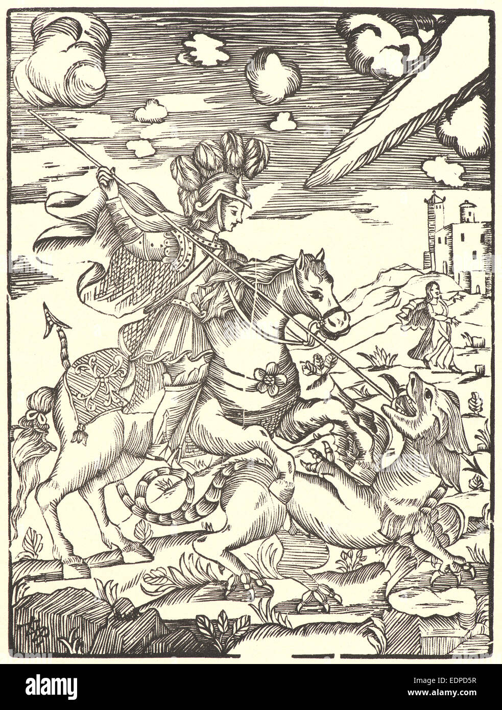 Anonymous (Italian). St. George Killing the Dragon, 16th century. Woodcut Stock Photo