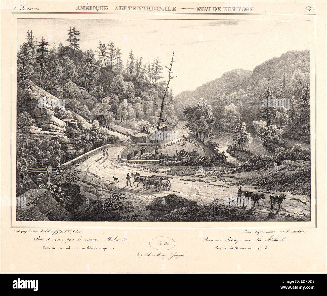 F. Jacques Milbert (French). Road and Bridge over the Mohawk River, ca. 1830-1840. From Amérique Septentrionale. Lithograph Stock Photo