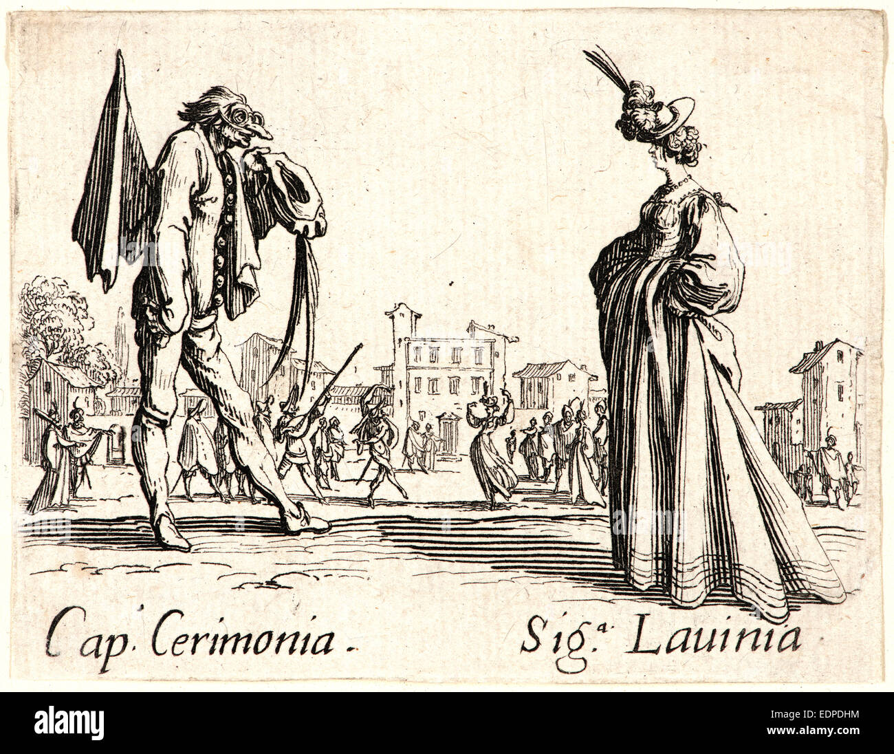 Jacques Callot (French, 1592 - 1635). Cap. Cerimonia and Sig. Lavinia, 1622 and later. From Balli di Sfessania. Etching Stock Photo