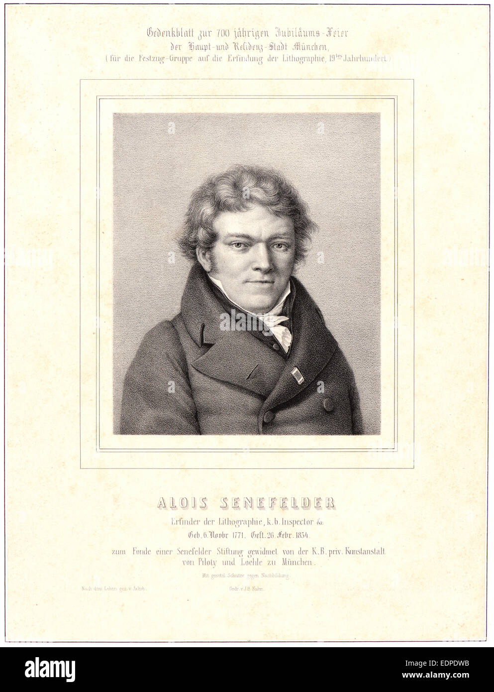 Anonymous (French). Portrait of Alois Senefelder, ca. 1819. Lithograph Stock Photo