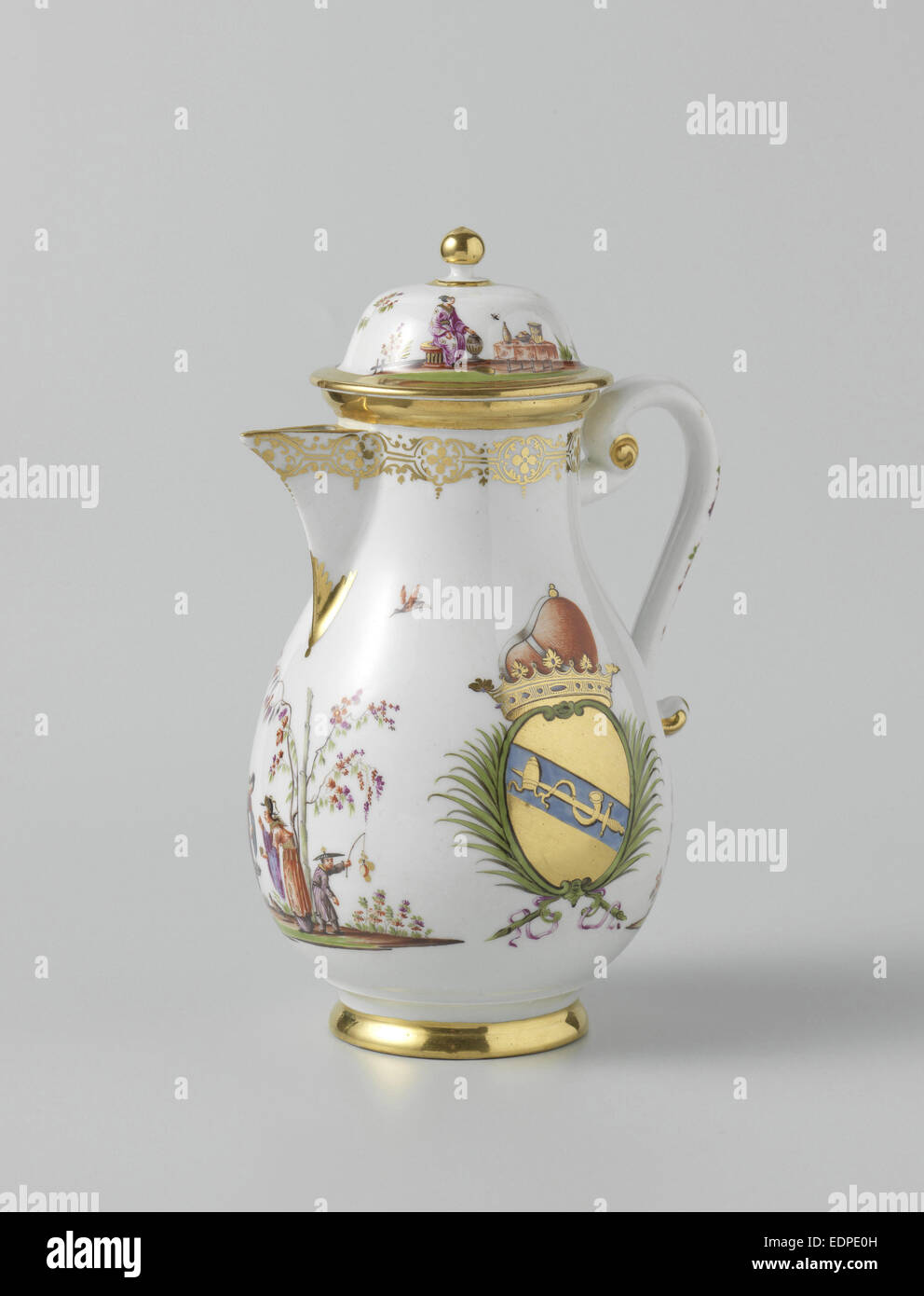 Coffeepot with lid, multicolor painted with chinoiserie and the arms of the Venetian family Morosini Stock Photo