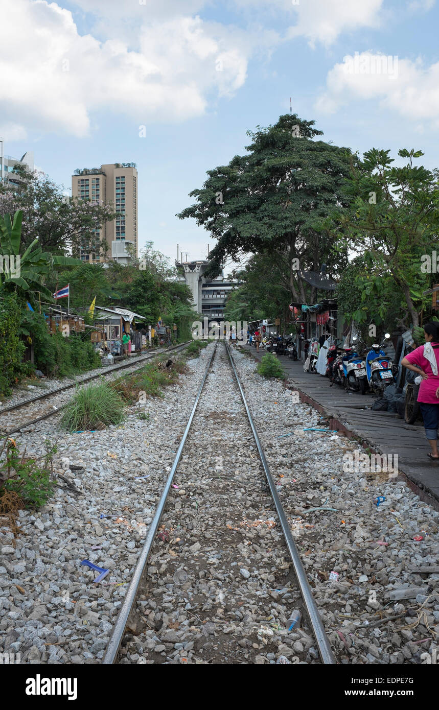 Railway Tracks running through Downtown Bangkok Stock Photo