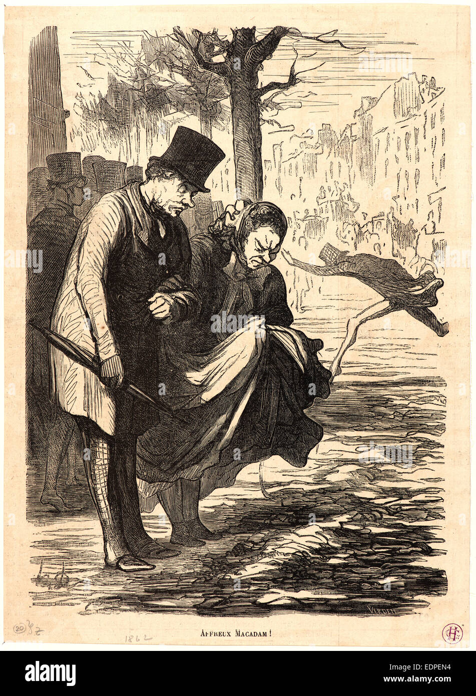 Honoré Daumier (French, 1808 - 1879). Affreux Macadam!, 1862. Wood engraving Stock Photo