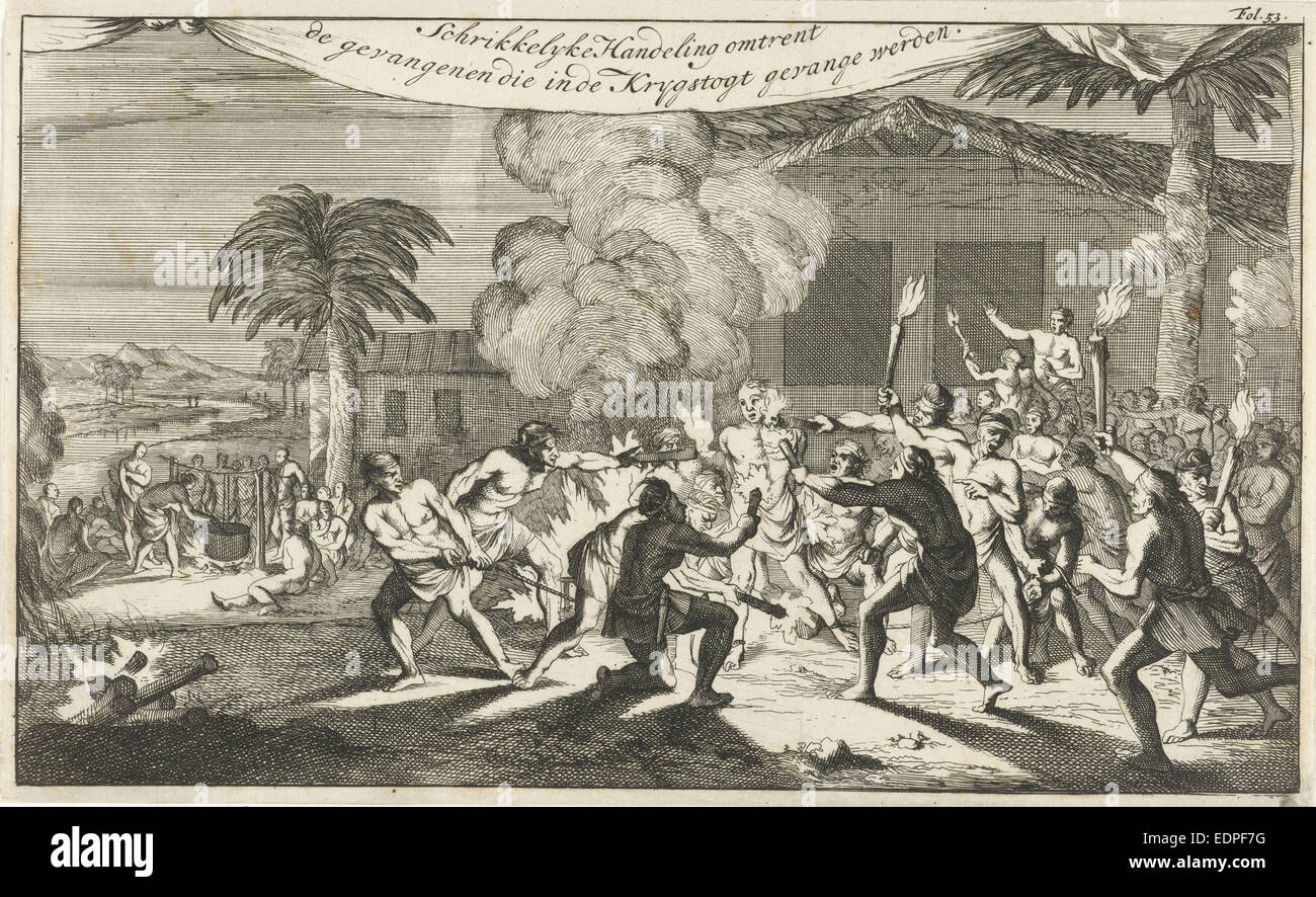 Indians torturing a prisoner with lighted torches, Caspar Luyken, Jan Claesz ten Hoorn, 1695 Stock Photo