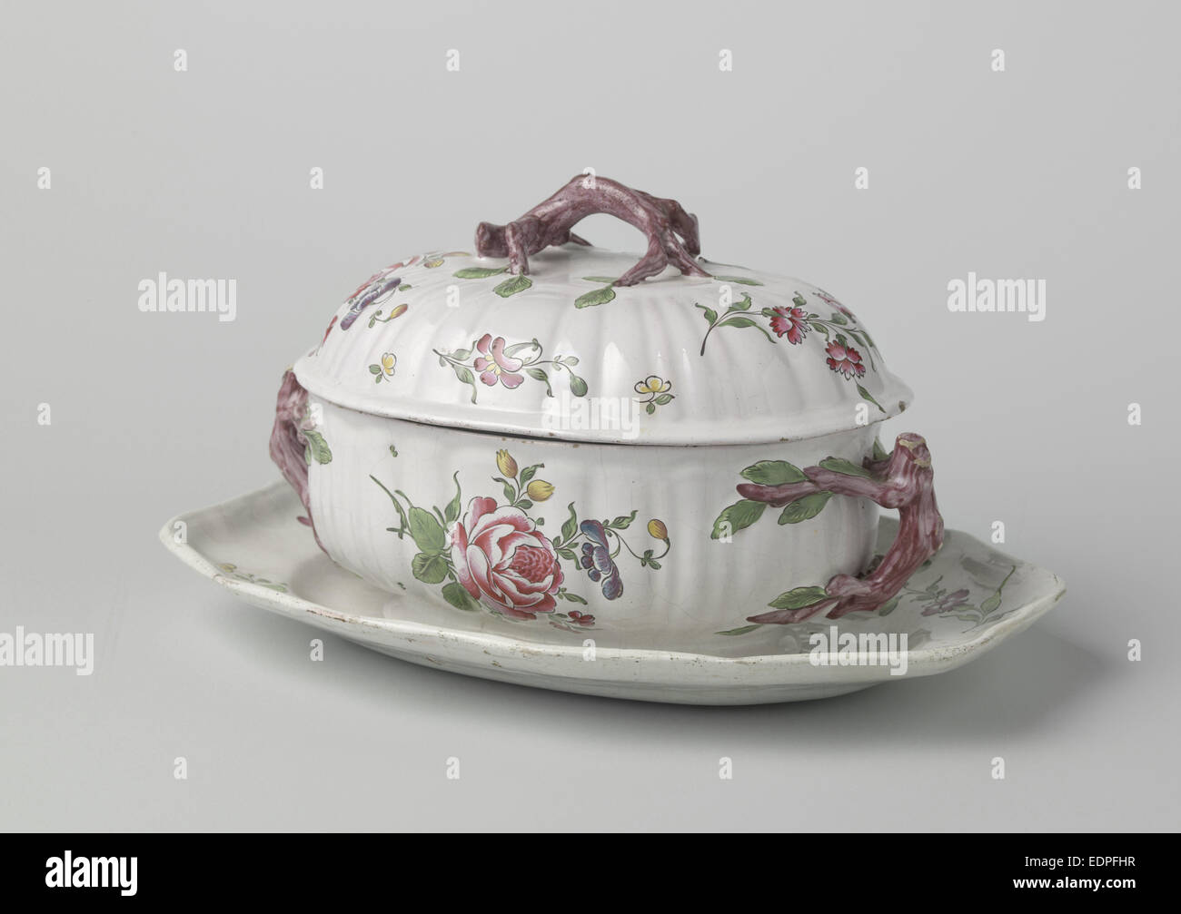 Terrine with lid on saucer, painted with flower sprays, Anonymous Stock Photo