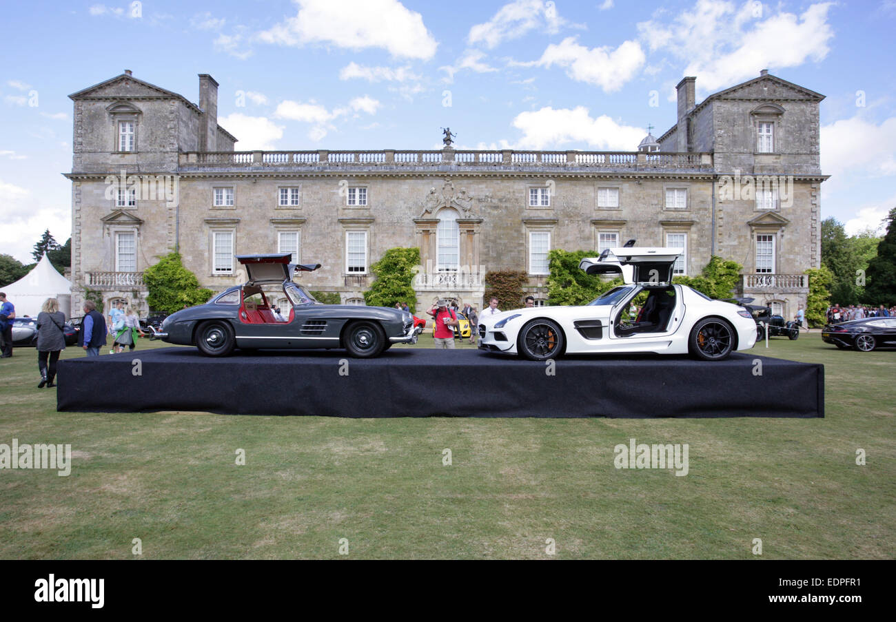 Two Mercedes Gullwings; a vintage 300SL, a new SLS, on display at the Wilton Classic and Supercar show at Wilton House in 2014 Stock Photo