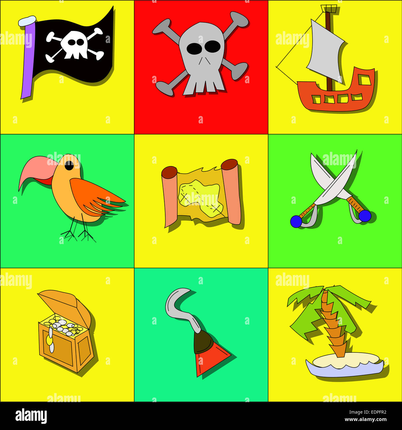 Illustration of pirate symbols with skull, ship, treasure, flag, parrot and swords Stock Photo