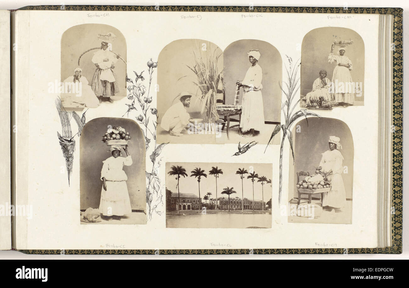 British Guiana, genre portrait women with fruit on dishes, bordered by drawing flora Stock Photo