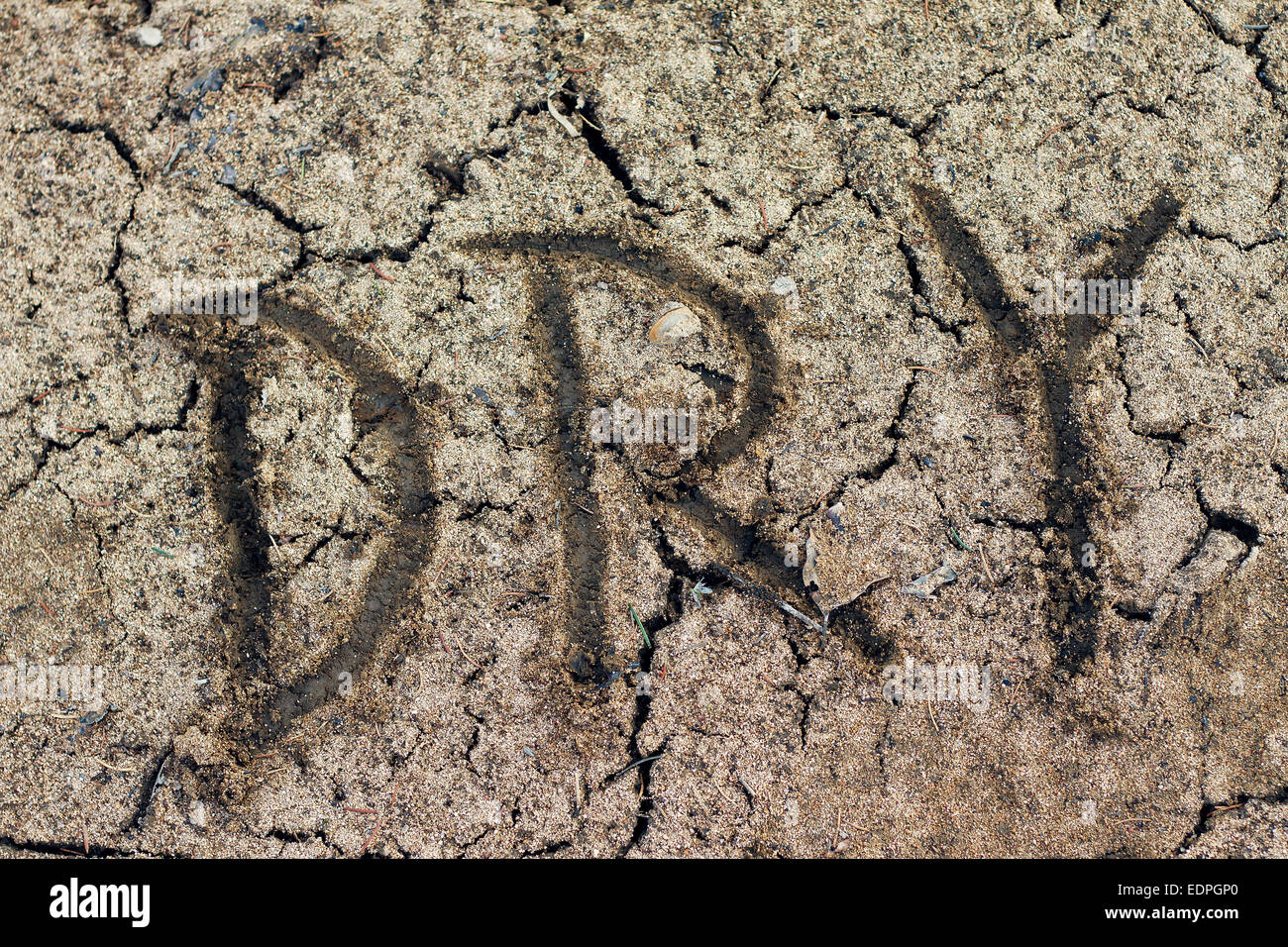 The word dry. Closeup of dry soil Stock Photo