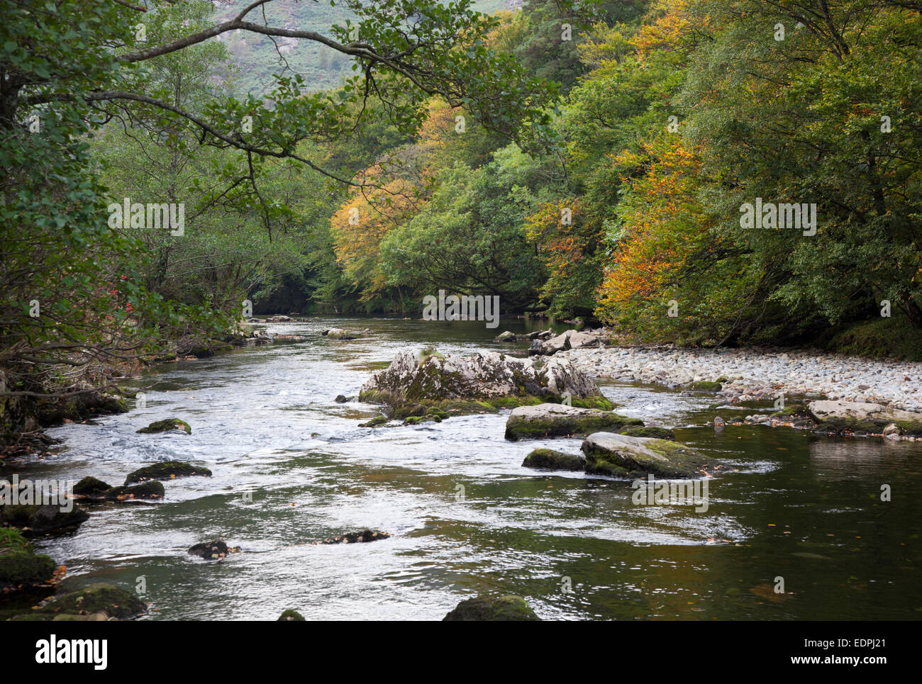 The River Glaslyn runs through boulder rapids in the Aberglaslyn Pass near Beddgelert in North Wales,UK Stock Photo