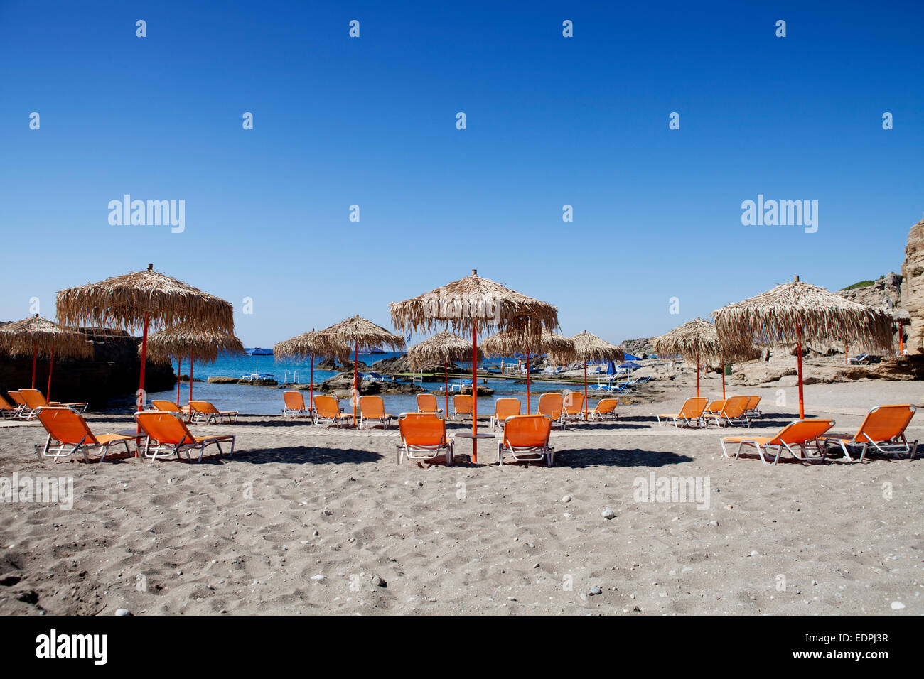 Oasis beach waterfront loungers and parasols, Kalithea, Rhodes island ...