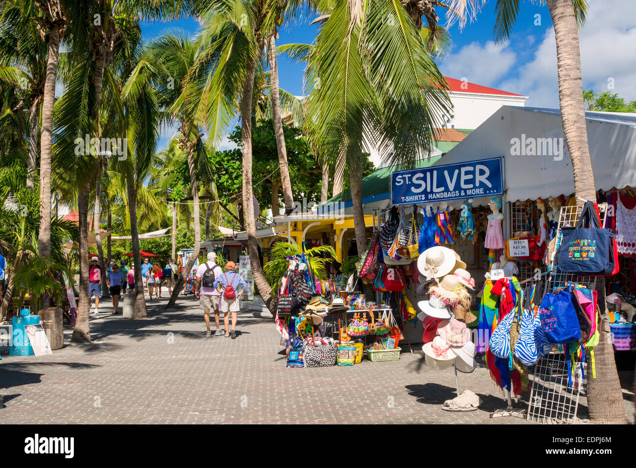 Tourist shops along the boardwalk, Philipsburg, St Maarten, West Indies Stock Photo