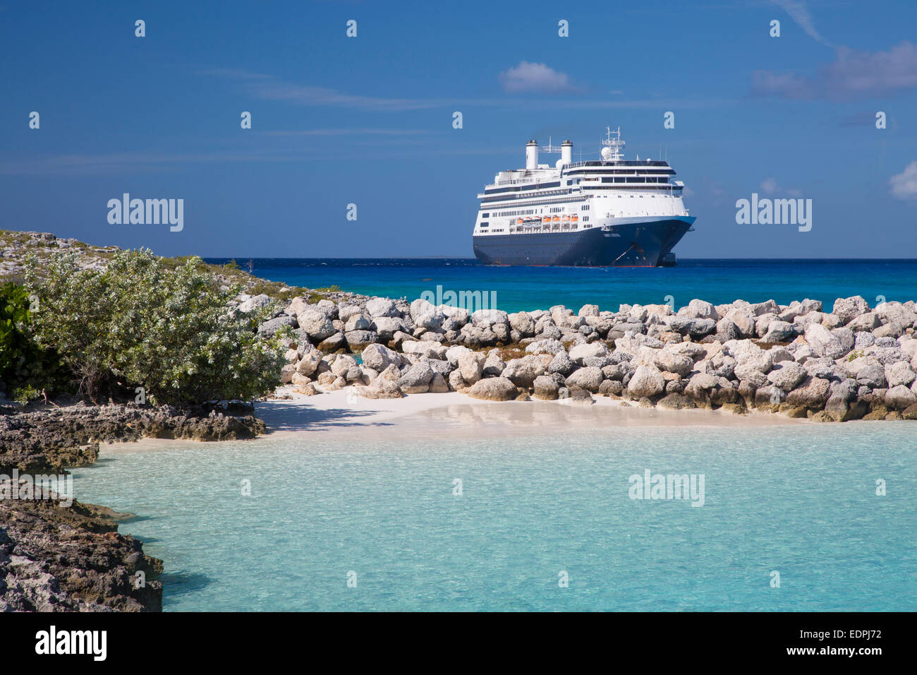 Holland America Cruise Ship 'Amsterdam' anchored off Half Moon Cay, Bahamas Stock Photo