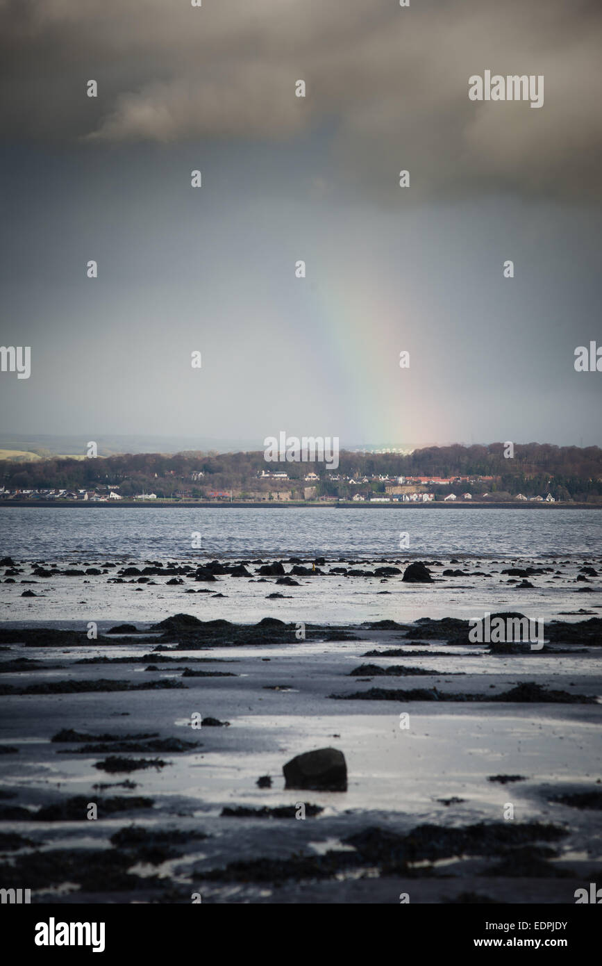 Rainbow over the firth of forth on a dull scottish day Stock Photo
