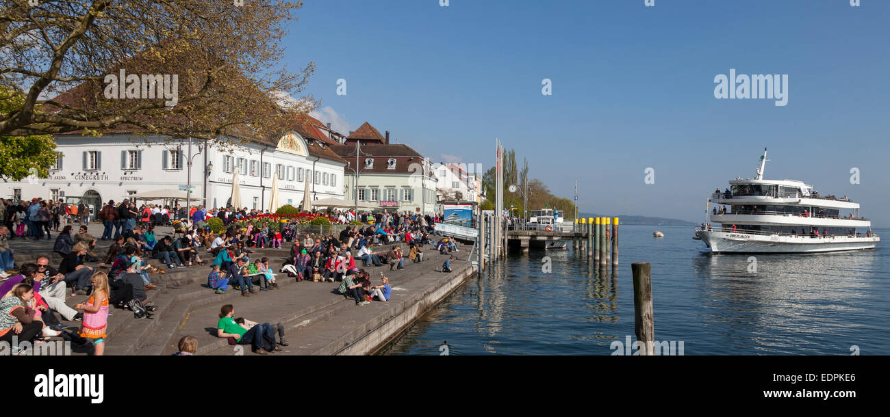 Grethhaus on the lakeside promenade with a pier, Überlingen, Lake Constance, Baden-Wuerttemberg, Germany, Europe Stock Photo