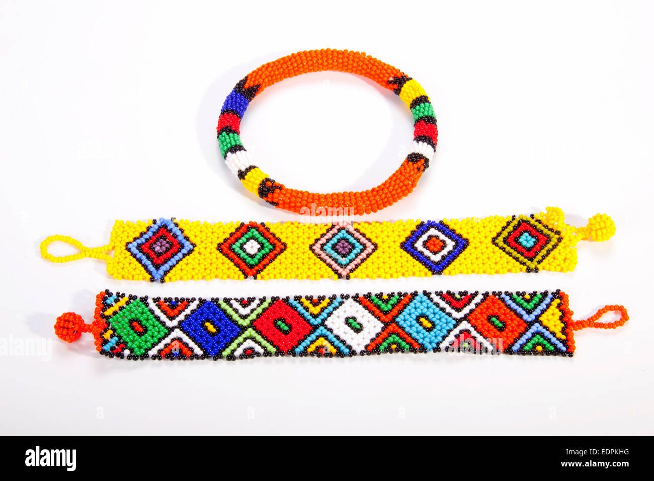 two brightly colored Zulu wristbands with beaded armband Stock Photo