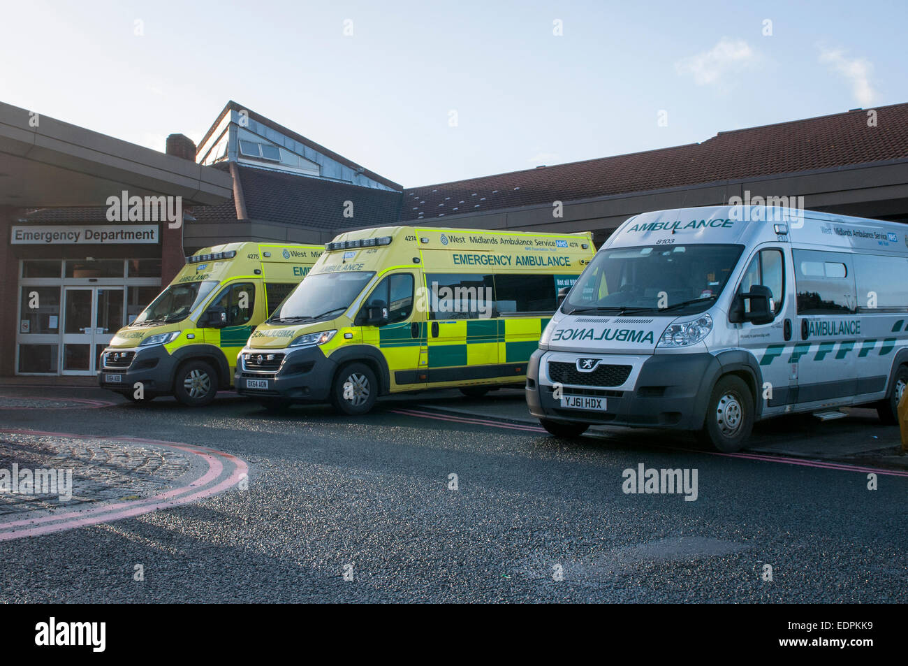 NHS ambulances outside the Emergency Dept., Manor Hospital UK Stock Photo