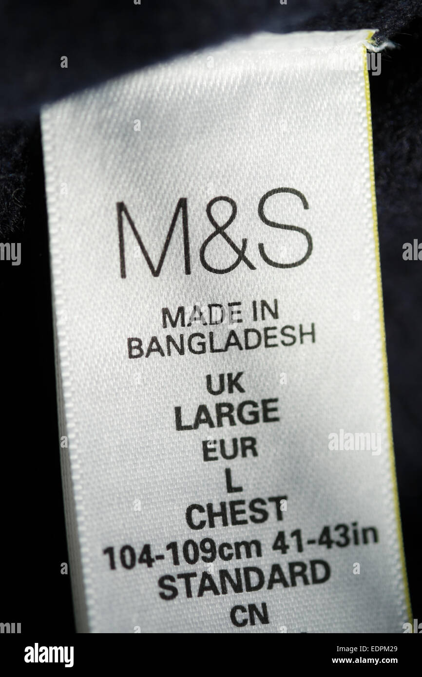 Marks and Spencer clothing made in Bangladesh - M&S label Stock Photo