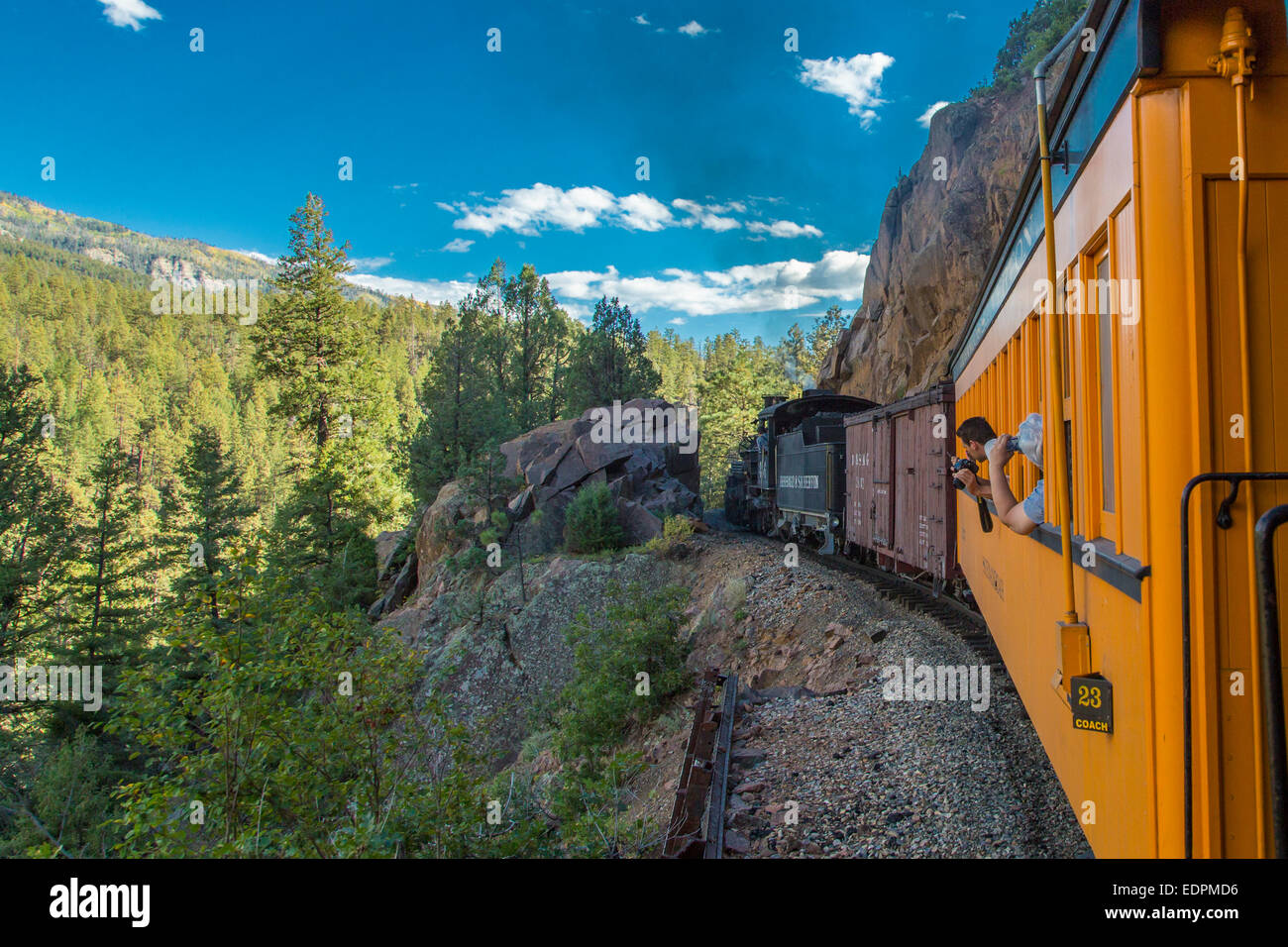 Historic Durango & Silverton Narrow Gauge Railroad train on route between Durango and Silver Colorado Stock Photo