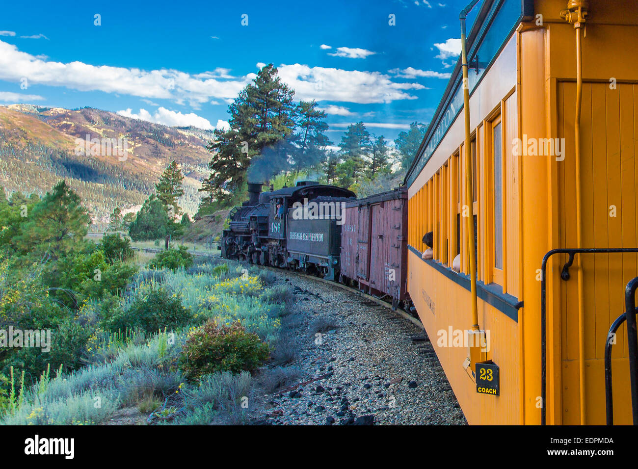 Historic Durango & Silverton Narrow Gauge Railroad train on route between Durango and Silver Colorado Stock Photo