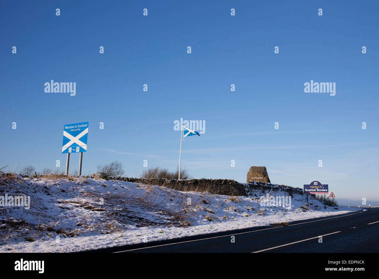 England Scotland border in the winter snow. Northumberland / Scottish ...