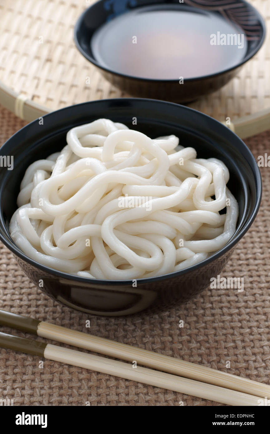 Udon Noodles a thick wheat based Japanese noodle Stock Photo