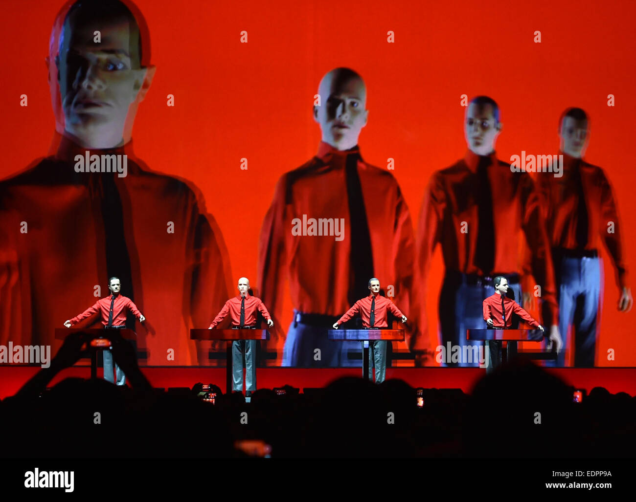 The German band Kraftwerk performs on stage at the 'Neuen Nationalgalerie' art museum in Berlin, Germany, 6 January 2015 Kraftwerk is perfoming eight of their albums from their 40 year long carrier on eight evenings. Photo: Jens Kalaene/dpa () Stock Photo