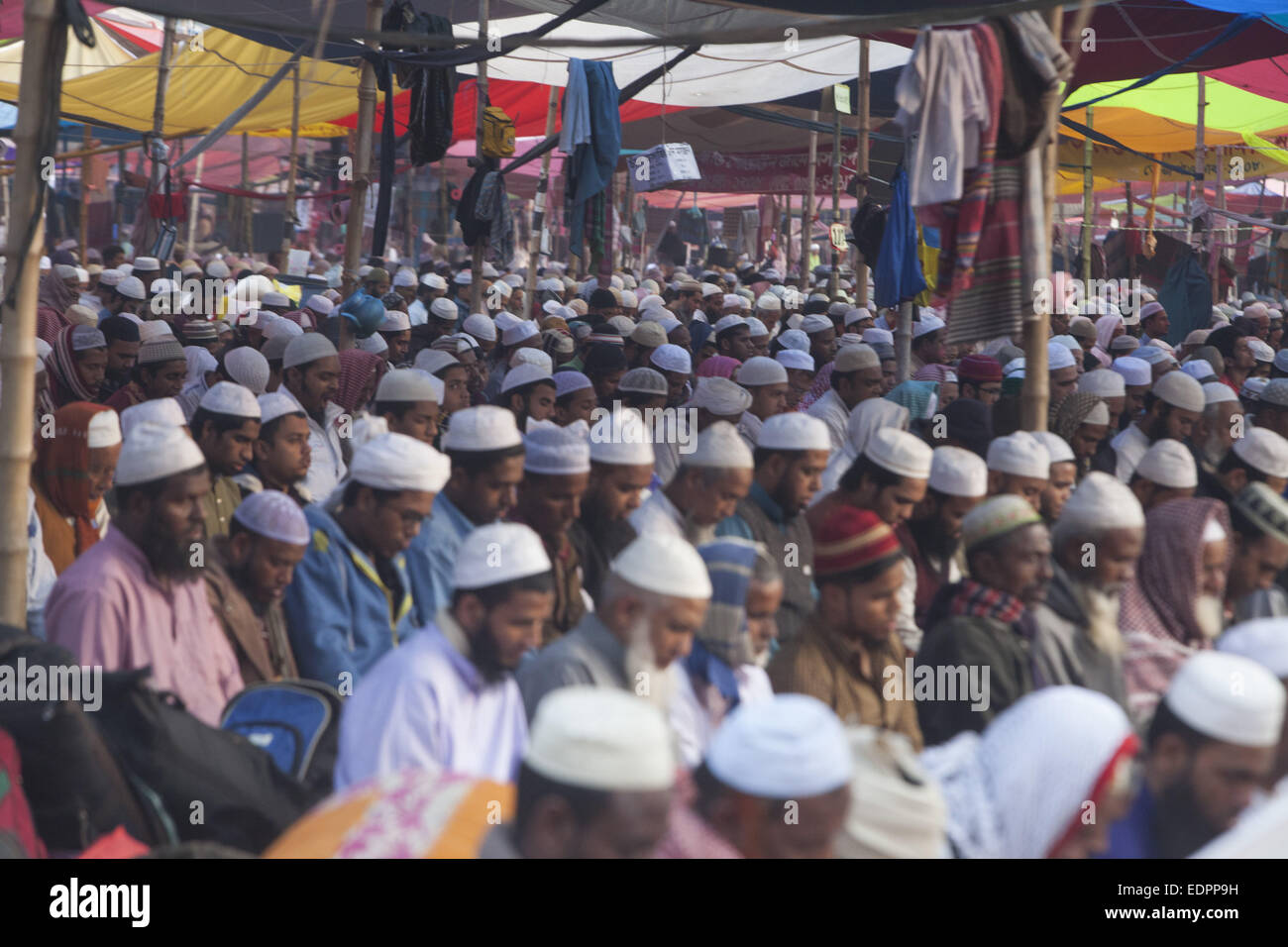 Dhaka, Bangladesh. 8th Jan, 2015. Thousands of Muslims attend the World largest 2nd Muslim congregation.Its the biggest congregation after Hajj.The first phase of the annual congregation will began on Friday on the bank of Turag River on the outskirts of Dhaka. Bangladesh capital Dhaka now with religious sermons for millions from home and abroad. Credit:  Zakir Hossain Chowdhury/ZUMA Wire/Alamy Live News Stock Photo